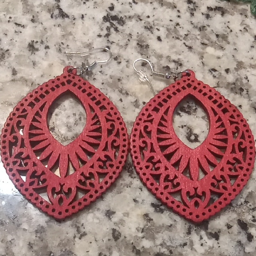 Red Filigree Teardrop Wood Earrings - Unbranded